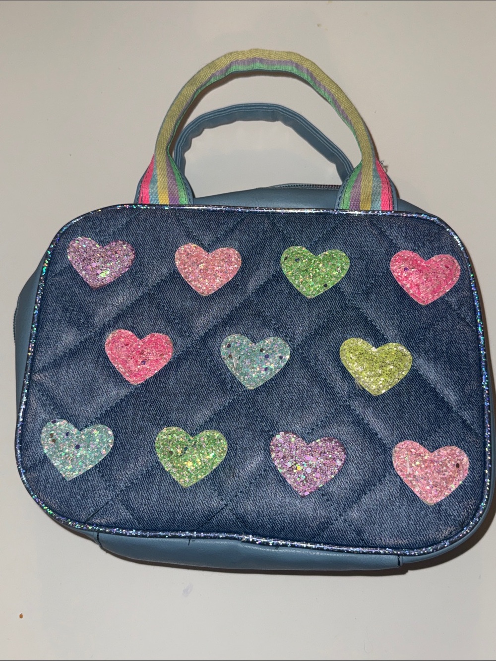 OMG Accessories Sparkle Heart Denim Lunch Bag - Blue with Multicolor Hearts